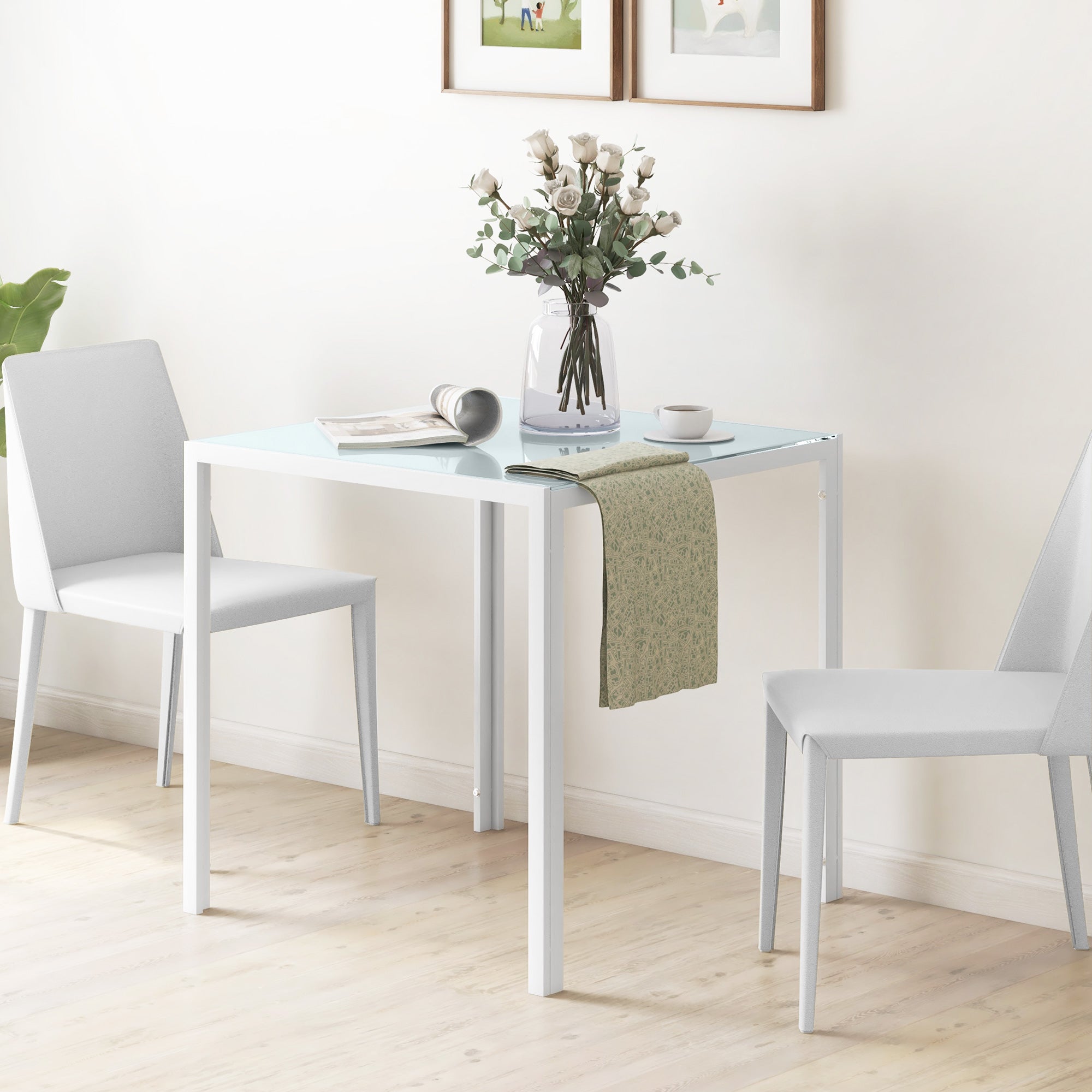 Dining Table 75 x 75 cm, Square Kitchen Table for 4 People, Dining Table Made of Toughened Glass with Metal Legs, Modern Table for Kitchen, Dining Room, and Living Room, White