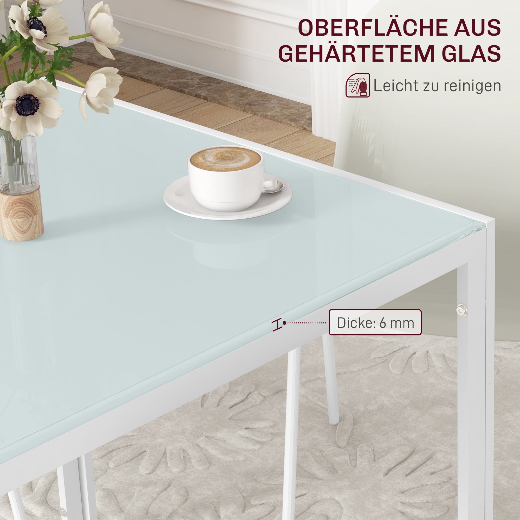 Dining Table 75 x 75 cm, Square Kitchen Table for 4 People, Dining Table Made of Toughened Glass with Metal Legs, Modern Table for Kitchen, Dining Room, and Living Room, White