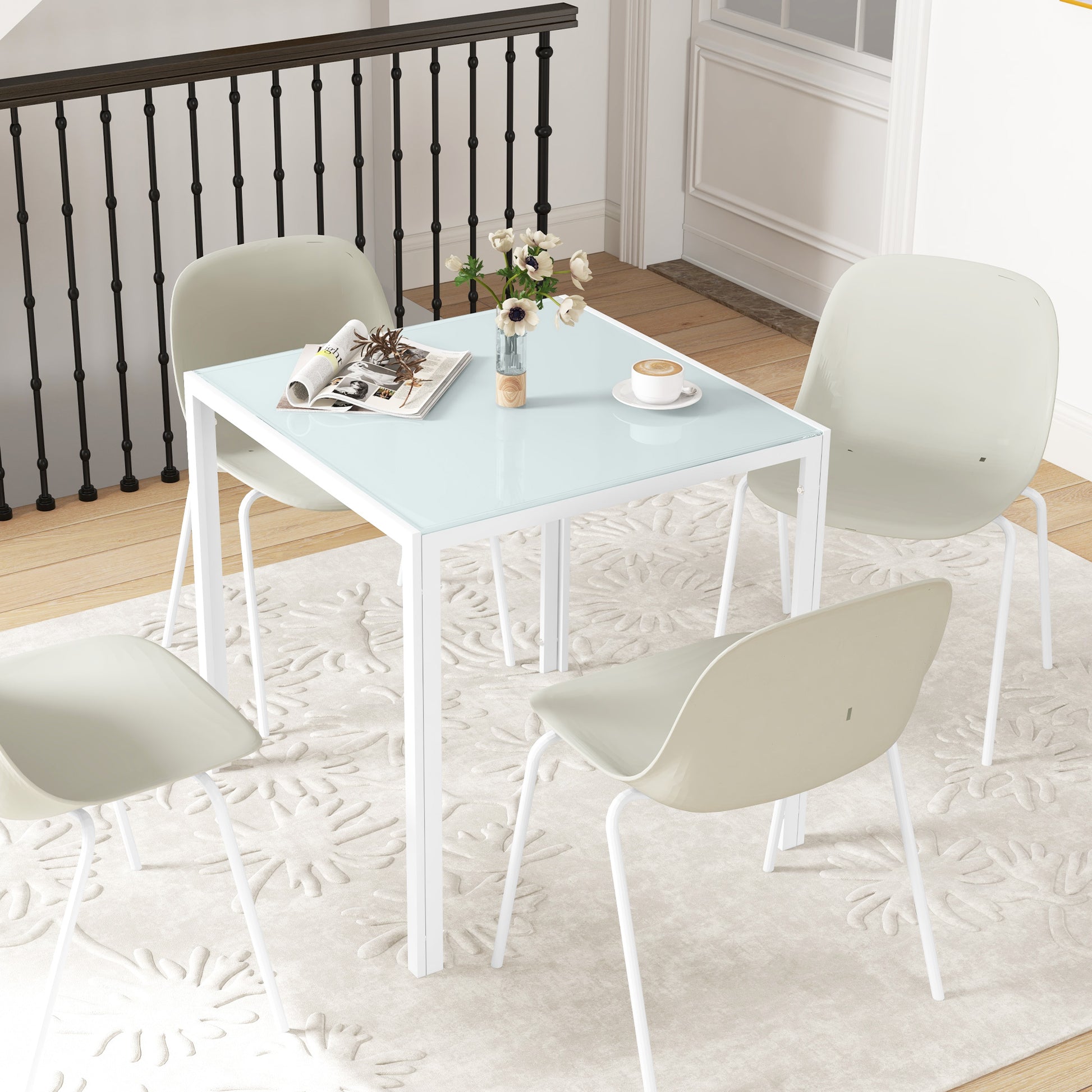 Dining Table 75 x 75 cm, Square Kitchen Table for 4 People, Dining Table Made of Toughened Glass with Metal Legs, Modern Table for Kitchen, Dining Room, and Living Room, White
