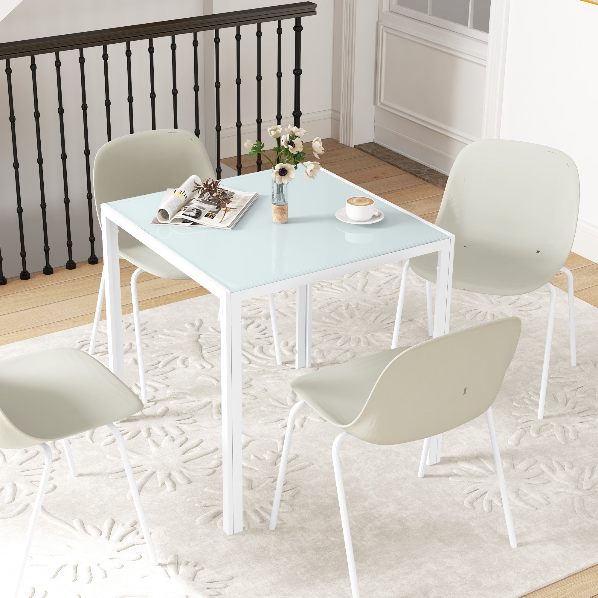 Dining Table 75 x 75 cm, Square Kitchen Table for 4 People, Dining Table Made of Toughened Glass with Metal Legs, Modern Table for Kitchen, Dining Room, and Living Room, White