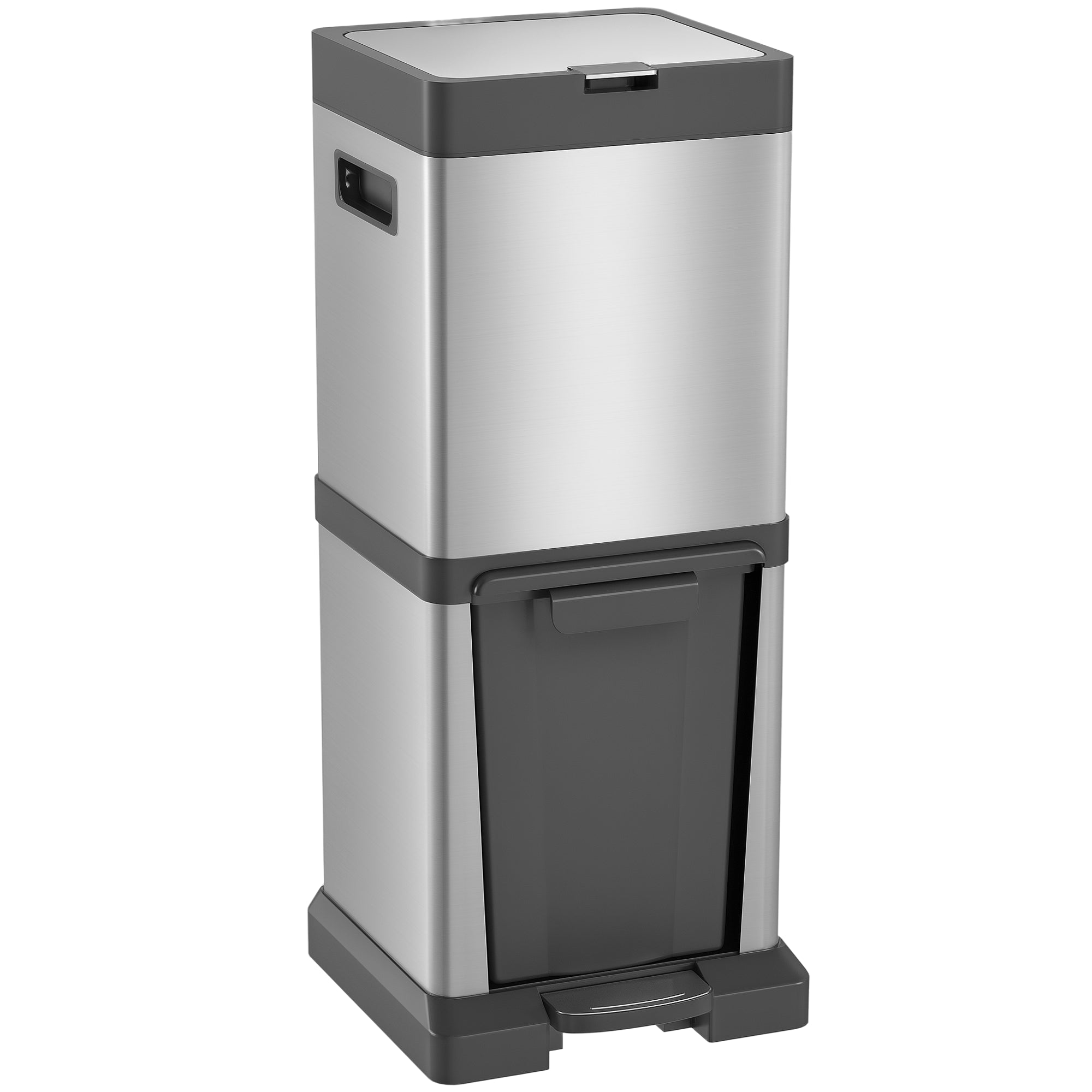 Dual-Compartment Trash Can 20L+14L — Stainless Steel Pedal Bin with Soft-Close Lid & Removable Inner Buckets, Silver (12.8 x 12.4 x 30.7 in)