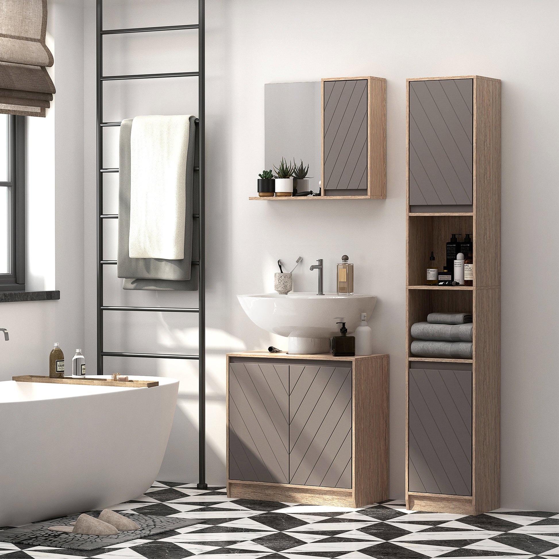 Bathroom Cabinet with Mirror Wall-Mounted Auxiliary Furniture with 1 Door and Adjustable Shelf Modern Style 57x14.2x49.2 cm Oak and Gray