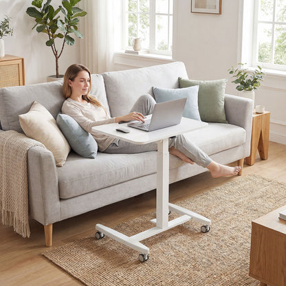 Height-Adjustable Standing Desk 75–114 cm (29.5–44.9 in) — Mobile Laptop Table with Tilting Top, Safety Stop, Steel Frame, Pneumatic Drafting Table for Small Spaces, White
