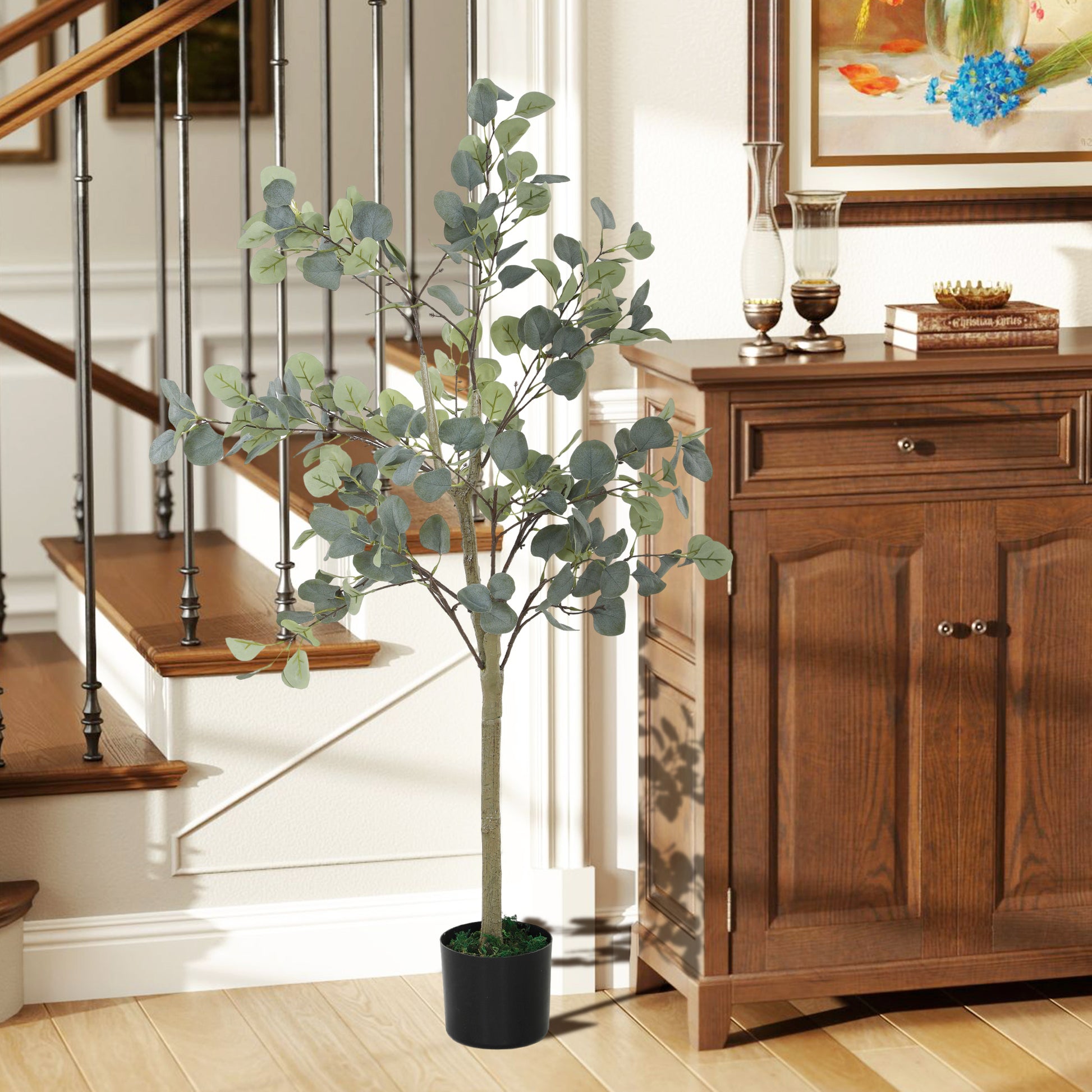 Artificial Eucalyptus Tree Large 150 cm Artificial Plant Artificial Eucalyptus in Pot, Faux Tree Realistic with Artificial Grass, Cement for Living Room, Bedroom, Office, Garden