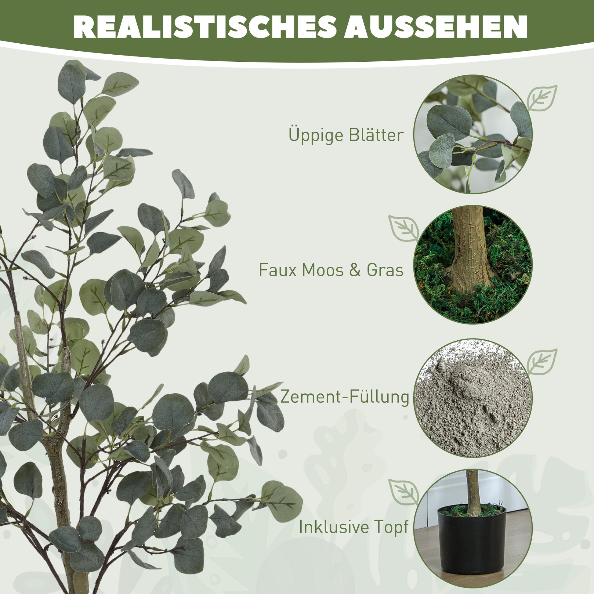 Artificial Eucalyptus Tree Large 150 cm Artificial Plant Artificial Eucalyptus in Pot, Faux Tree Realistic with Artificial Grass, Cement for Living Room, Bedroom, Office, Garden