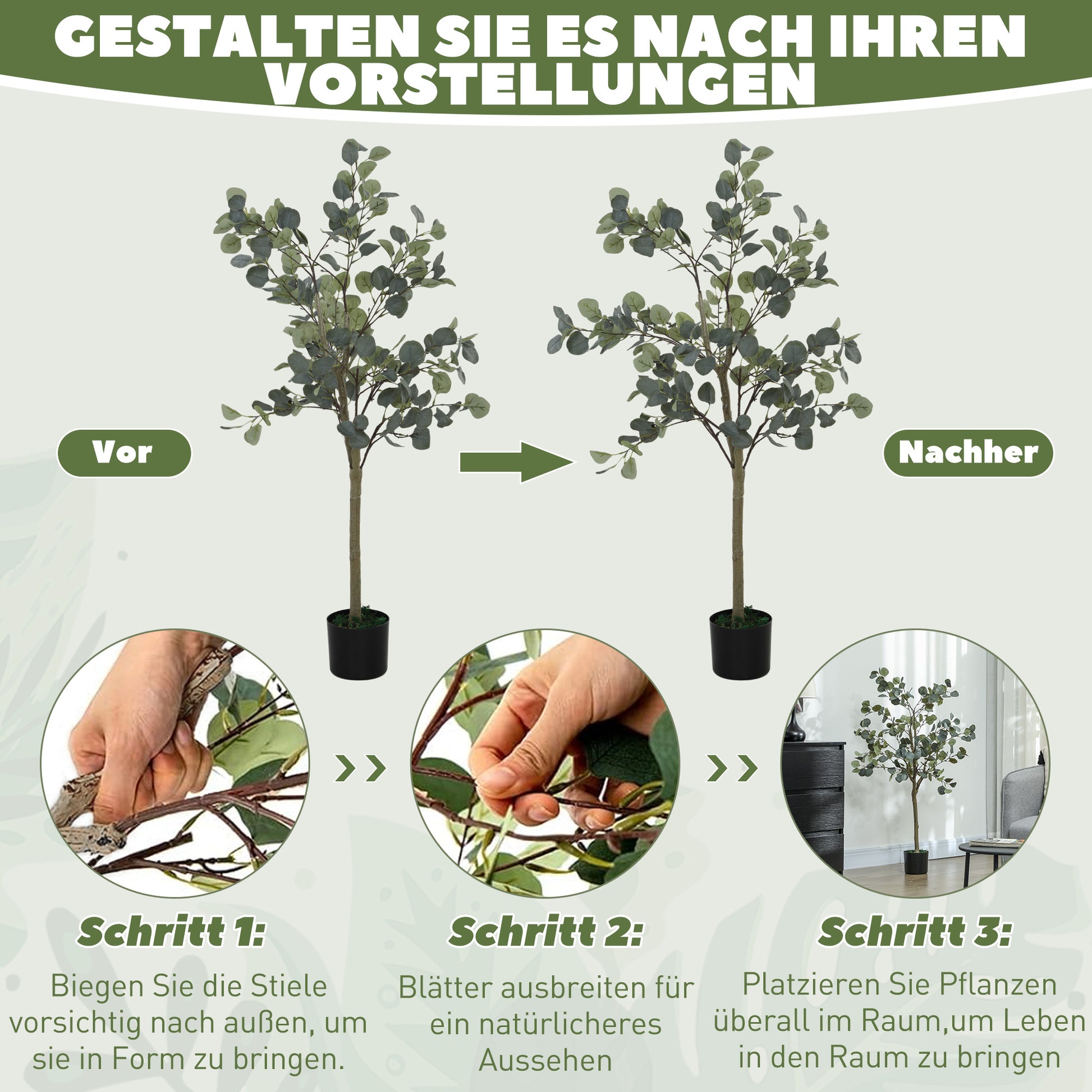 Artificial Eucalyptus Tree Large 150 cm Artificial Plant Artificial Eucalyptus in Pot, Faux Tree Realistic with Artificial Grass, Cement for Living Room, Bedroom, Office, Garden