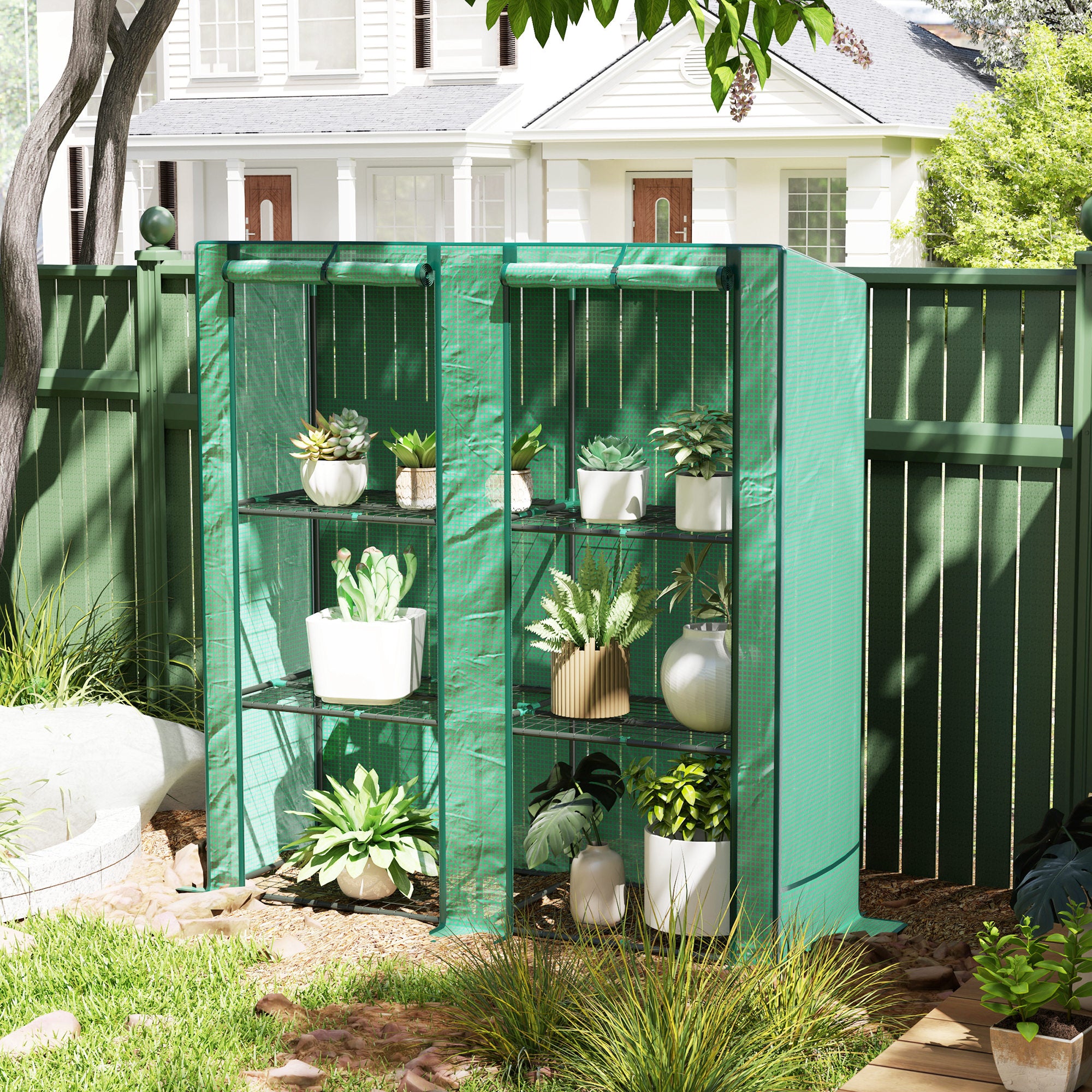 Greenhouse with Pent Roof Double Door, Shelves, Winterproof Foil Greenhouse Made of Steel, Greenhouse for Balcony, Garden, Tomato House 144 x 48 x 152 cm, Tomato Greenhouse for Tomatoes, Vegetables, Green