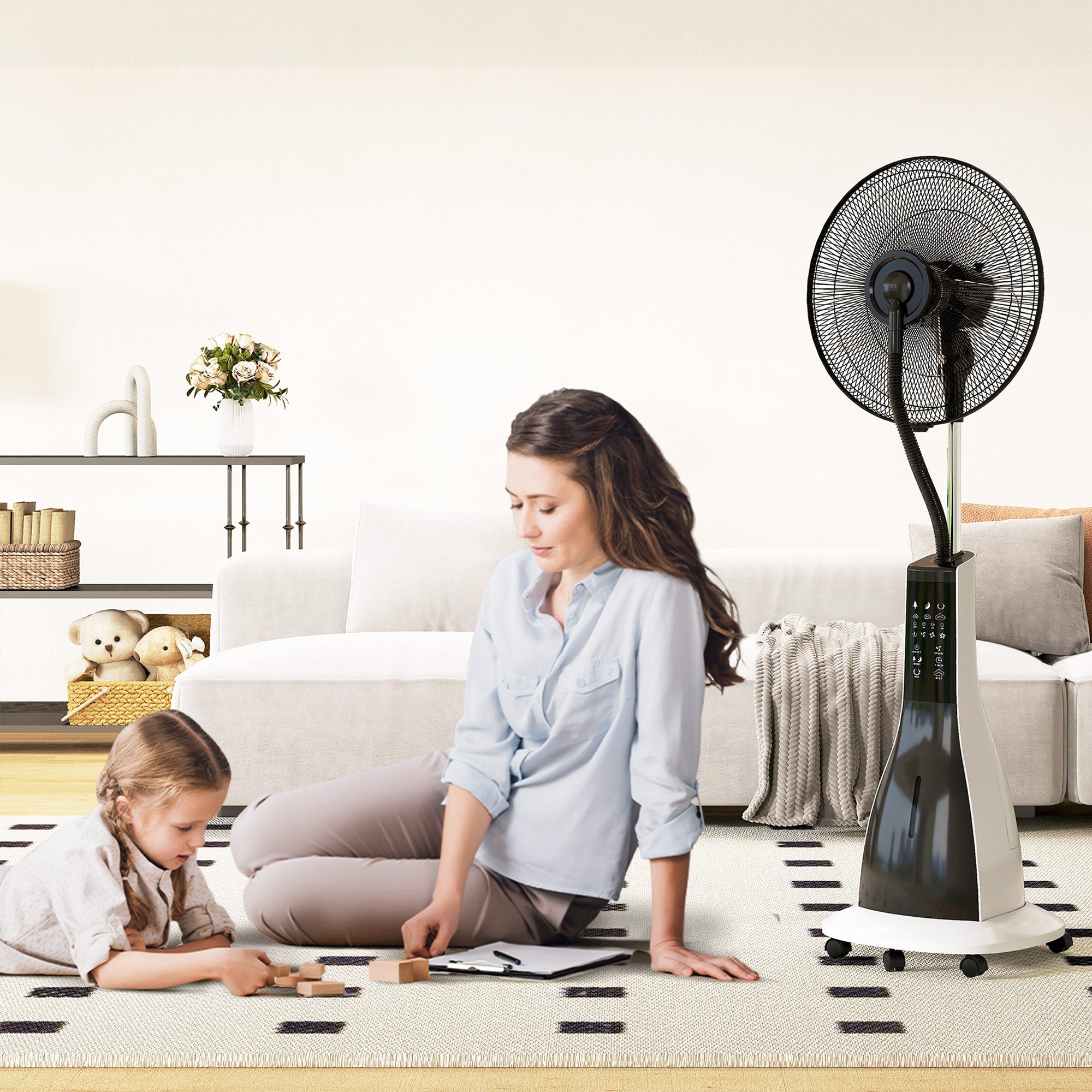 Water-Cooled Fan with Mist Function, Stand Fan with Remote Control, Timer Function, Oscillating, 3 Speeds, 3L Water Tank, 90W Water Fan with Wheels, 125cm