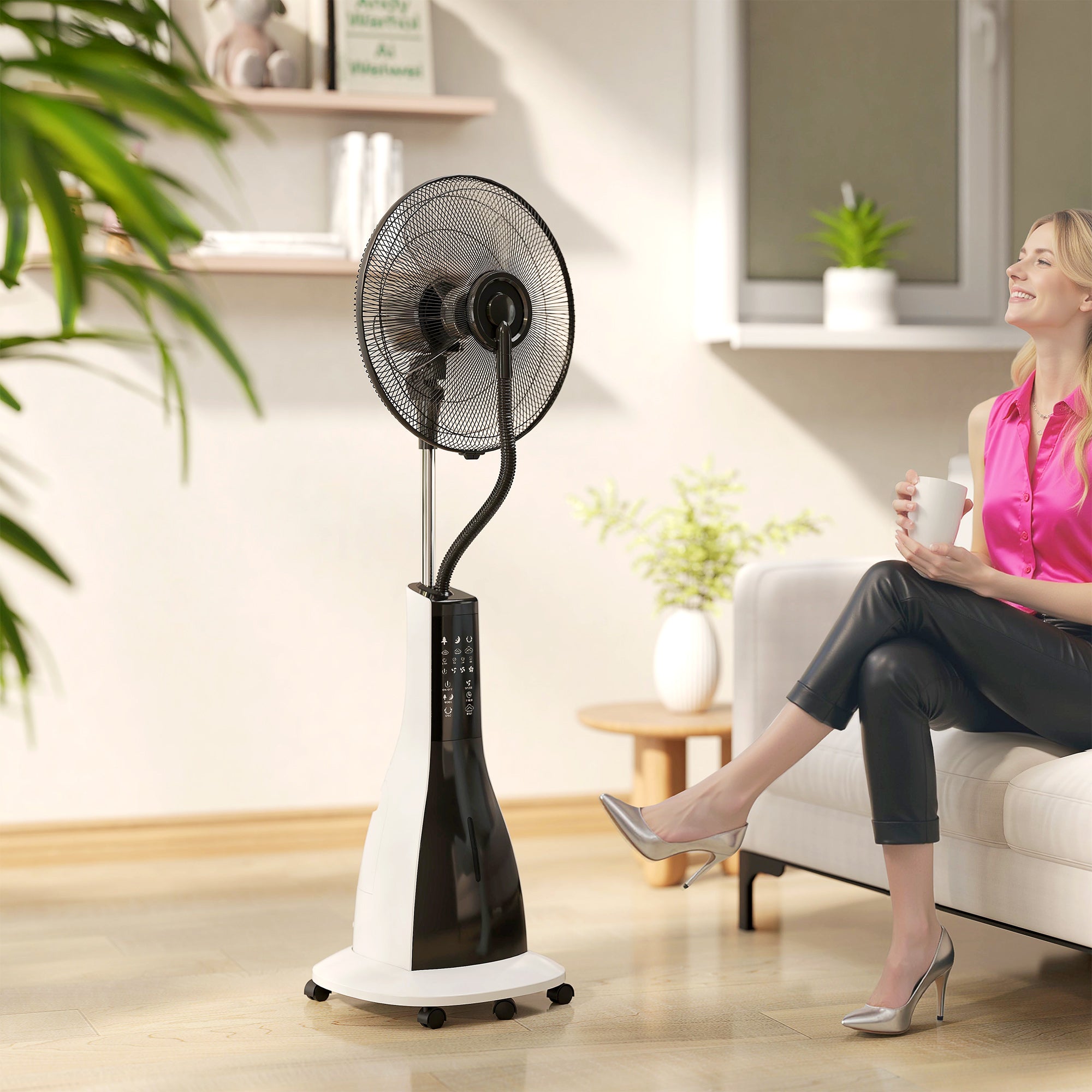 Water-Cooled Fan with Mist Function, Stand Fan with Remote Control, Timer Function, Oscillating, 3 Speeds, 3L Water Tank, 90W Water Fan with Wheels, 125cm