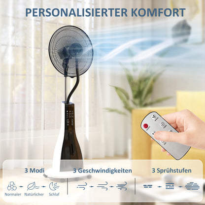 Water-Cooled Fan with Mist Function, Stand Fan with Remote Control, Timer Function, Oscillating, 3 Speeds, 3L Water Tank, 90W Water Fan with Wheels, 125cm