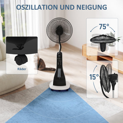 Water-Cooled Fan with Mist Function, Stand Fan with Remote Control, Timer Function, Oscillating, 3 Speeds, 3L Water Tank, 90W Water Fan with Wheels, 125cm