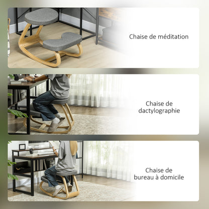 Kneeling Seat, Ergonomic Rocking Wooden Kneeling Chair for Home Office, Improve Posture, Back Pain, Gray