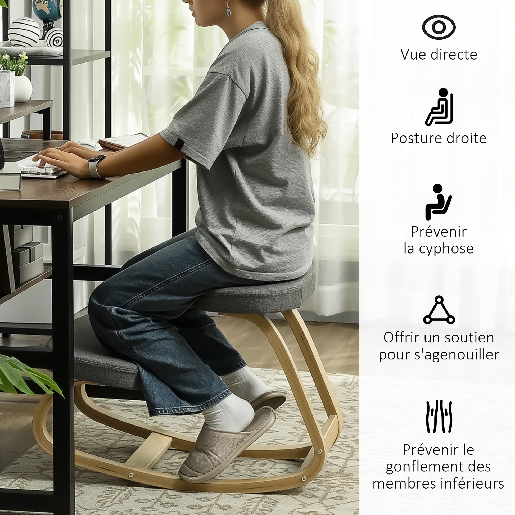 Kneeling Seat, Ergonomic Rocking Wooden Kneeling Chair for Home Office, Improve Posture, Back Pain, Gray