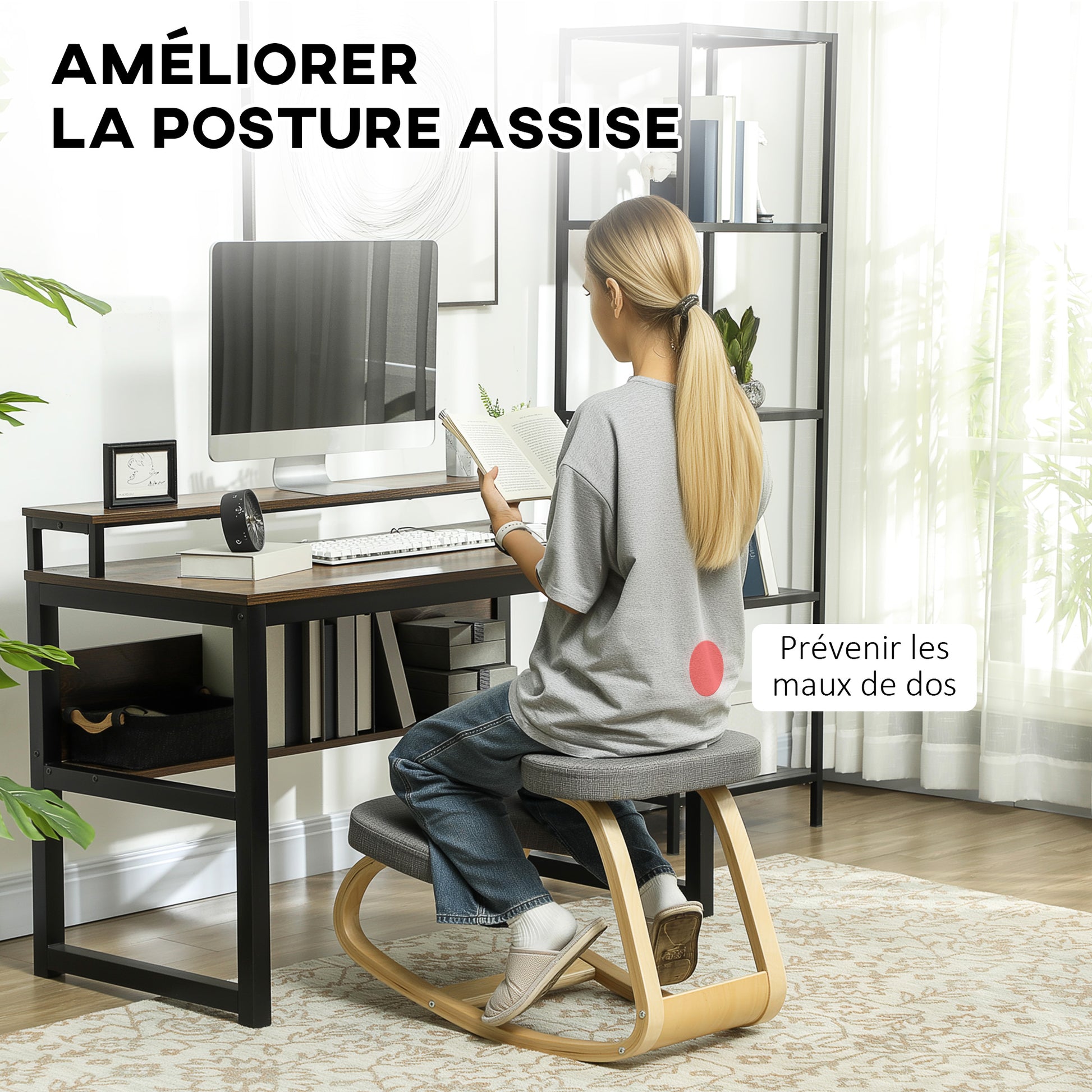 Kneeling Seat, Ergonomic Rocking Wooden Kneeling Chair for Home Office, Improve Posture, Back Pain, Gray