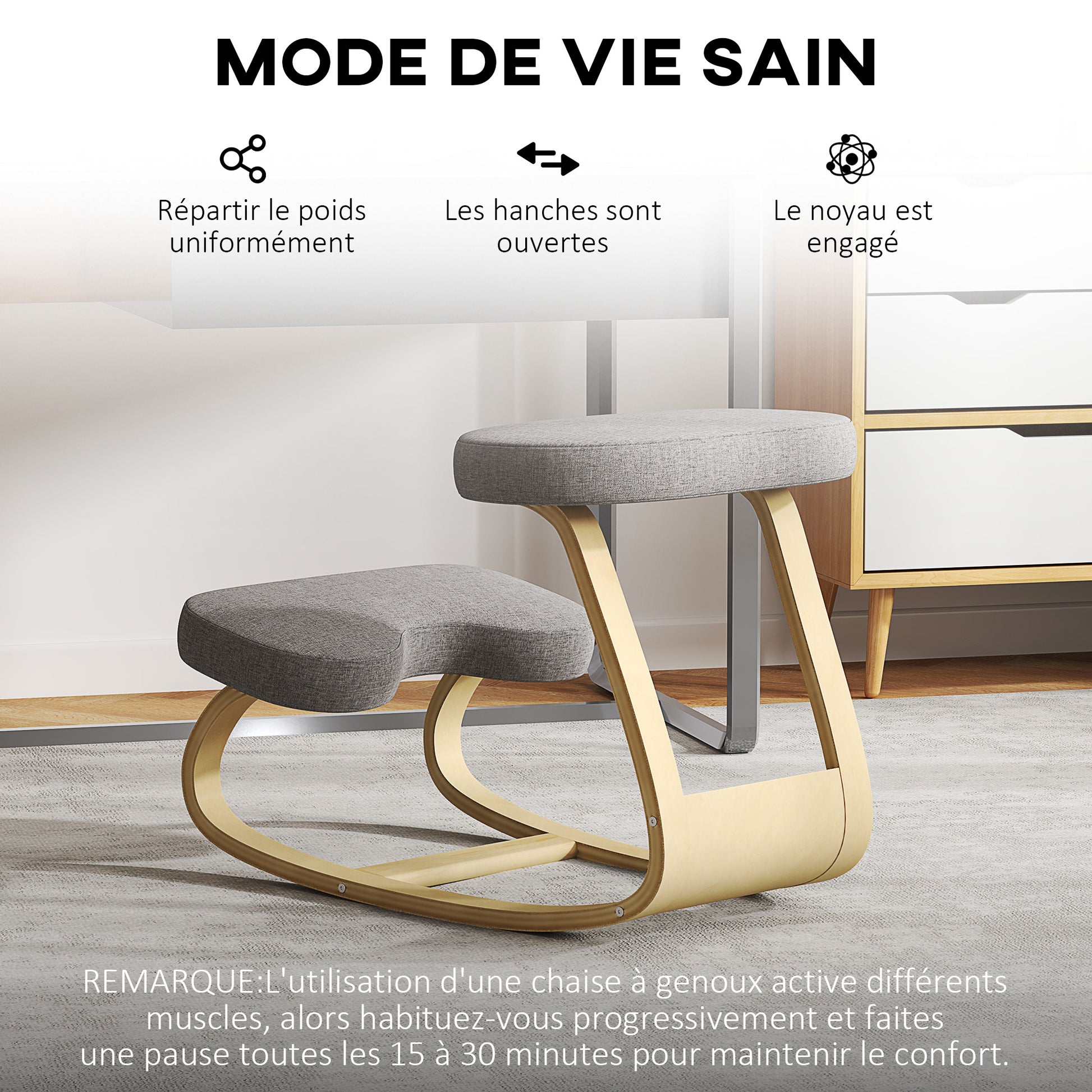 Kneeling Seat, Ergonomic Rocking Wooden Kneeling Chair for Home Office, Improve Posture, Back Pain, Gray