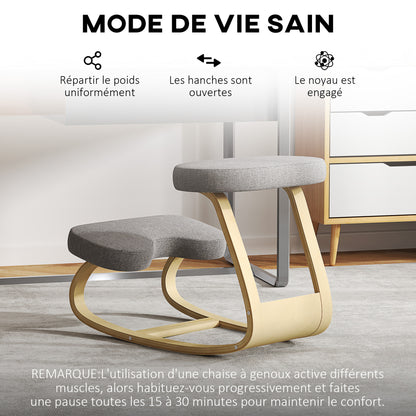 Kneeling Seat, Ergonomic Rocking Wooden Kneeling Chair for Home Office, Improve Posture, Back Pain, Gray