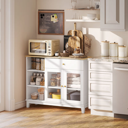 Ribbed Glass 2-Door Sideboard Modern Living Room Sideboard with Drawer, Open Compartments, and Adjustable Shelves for Dining Entrance White 100x35x80.3 cm