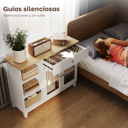 Ribbed Glass 2-Door Sideboard Modern Living Room Sideboard with Drawer, Open Compartments, and Adjustable Shelves for Dining Entrance White 100x35x80.3 cm