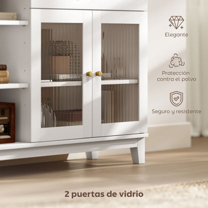 Ribbed Glass 2-Door Sideboard Modern Living Room Sideboard with Drawer, Open Compartments, and Adjustable Shelves for Dining Entrance White 100x35x80.3 cm