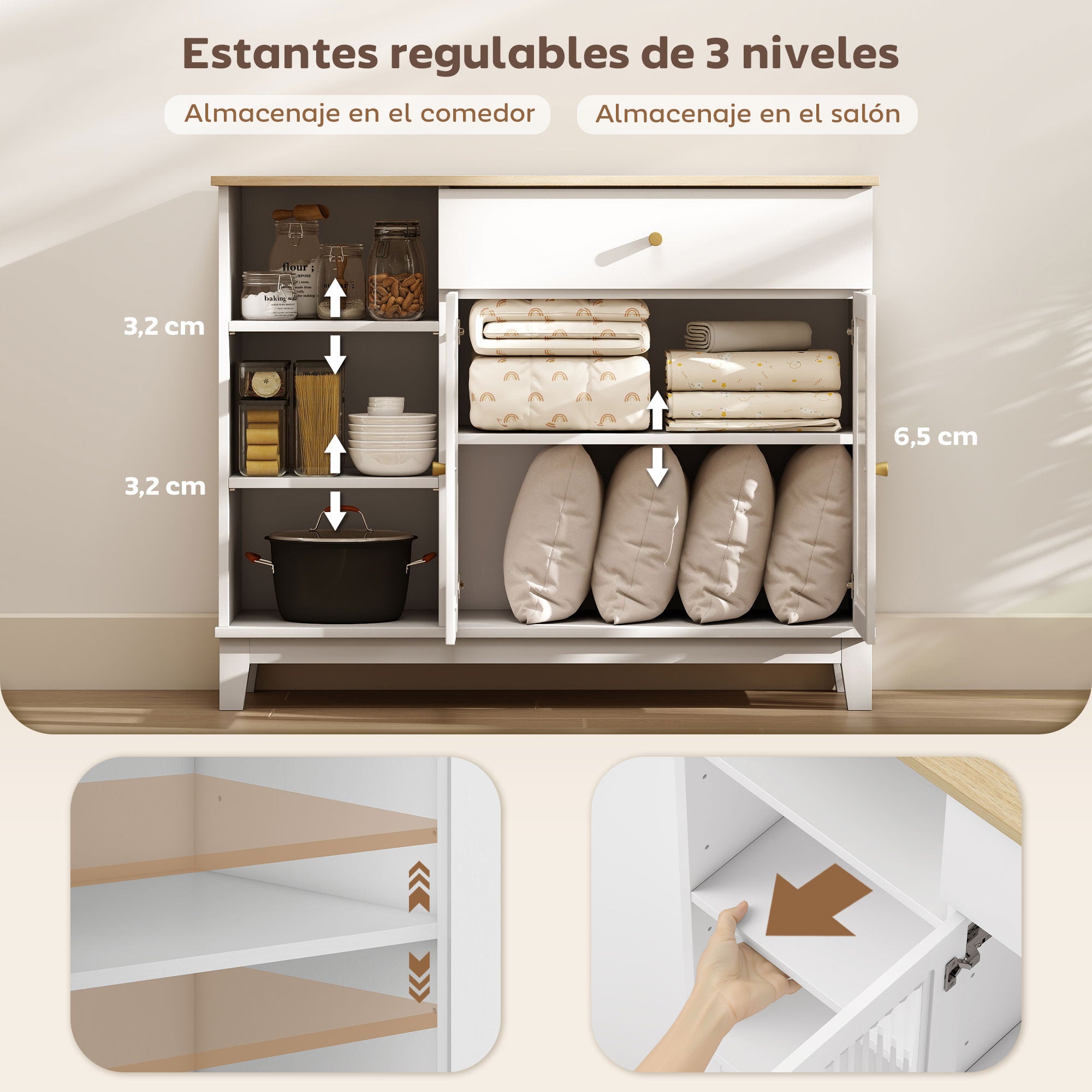 Ribbed Glass 2-Door Sideboard Modern Living Room Sideboard with Drawer, Open Compartments, and Adjustable Shelves for Dining Entrance White 100x35x80.3 cm