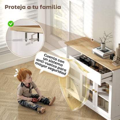 Ribbed Glass 2-Door Sideboard Modern Living Room Sideboard with Drawer, Open Compartments, and Adjustable Shelves for Dining Entrance White 100x35x80.3 cm