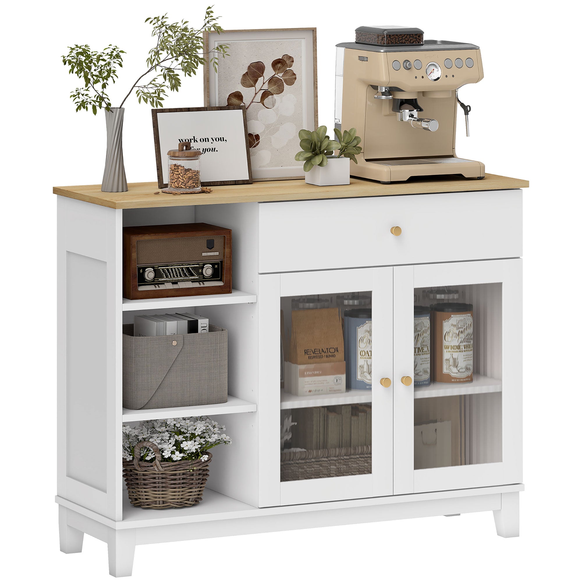 Ribbed Glass 2-Door Sideboard Modern Living Room Sideboard with Drawer, Open Compartments, and Adjustable Shelves for Dining Entrance White 100x35x80.3 cm