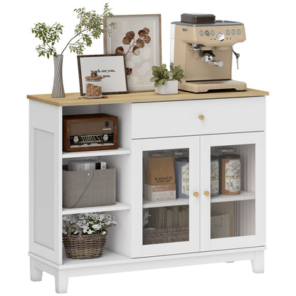 Ribbed Glass 2-Door Sideboard Modern Living Room Sideboard with Drawer, Open Compartments, and Adjustable Shelves for Dining Entrance White 100x35x80.3 cm