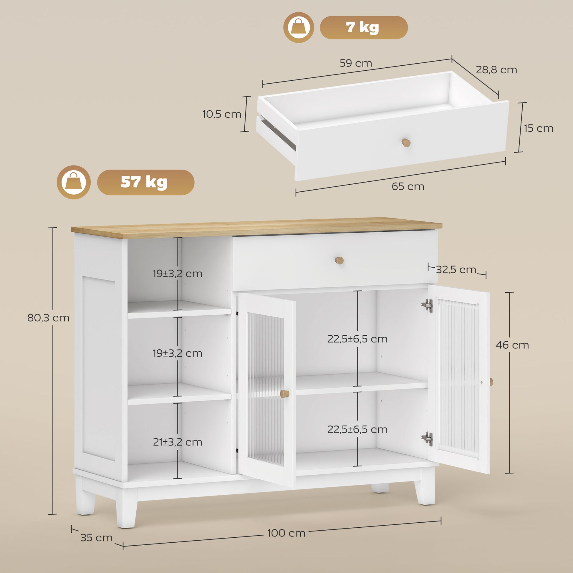 Ribbed Glass 2-Door Sideboard Modern Living Room Sideboard with Drawer, Open Compartments, and Adjustable Shelves for Dining Entrance White 100x35x80.3 cm