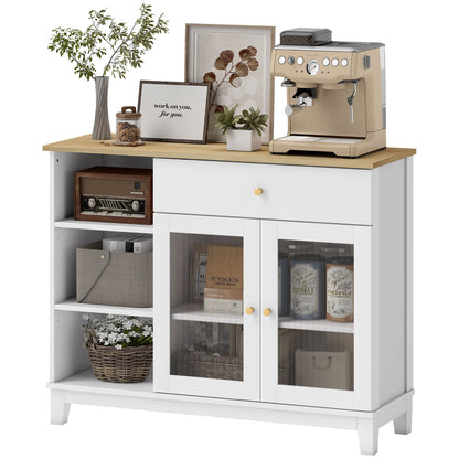 Ribbed Glass 2-Door Sideboard Modern Living Room Sideboard with Drawer, Open Compartments, and Adjustable Shelves for Dining Entrance White 100x35x80.3 cm