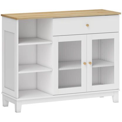 Ribbed Glass 2-Door Sideboard Modern Living Room Sideboard with Drawer, Open Compartments, and Adjustable Shelves for Dining Entrance White 100x35x80.3 cm