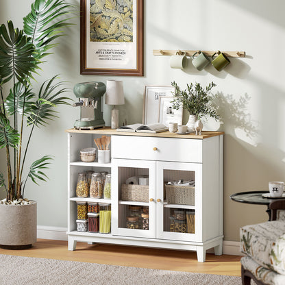 Ribbed Glass 2-Door Sideboard Modern Living Room Sideboard with Drawer, Open Compartments, and Adjustable Shelves for Dining Entrance White 100x35x80.3 cm