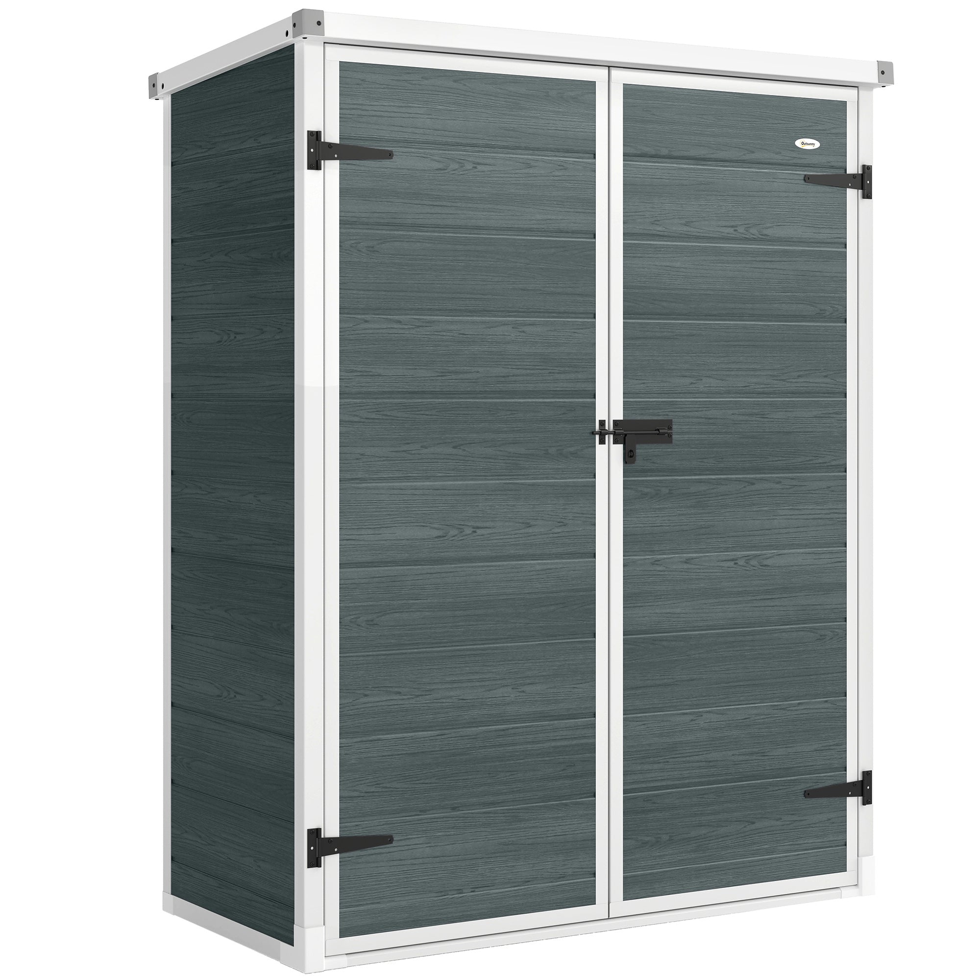 Outdoor Garden Shed, 0.81 m² (8.7 sq ft) — 134 x 68.5 x 170 cm (52.8" x 27.0" x 66.9"), Plastic Shed with Integrated Floor, 2 Folding Shelves, Double Doors with Lock, Gray Wood Effect