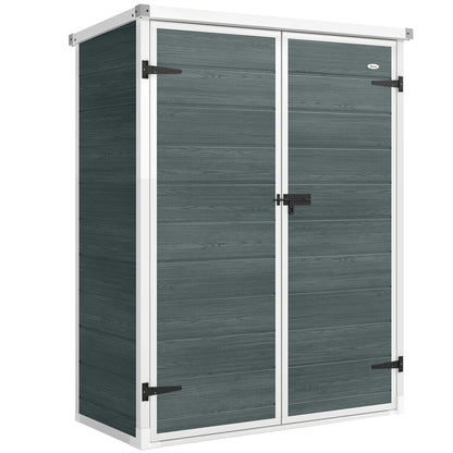 Outdoor Garden Shed, 0.81 m² (8.7 sq ft) — 134 x 68.5 x 170 cm (52.8" x 27.0" x 66.9"), Plastic Shed with Integrated Floor, 2 Folding Shelves, Double Doors with Lock, Gray Wood Effect
