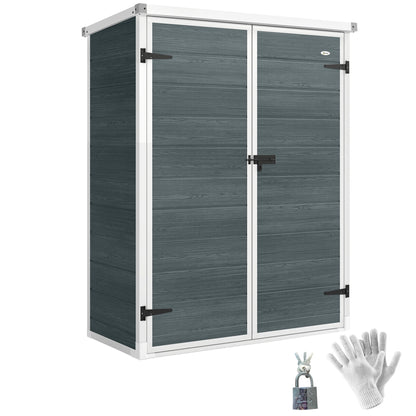 Outdoor Garden Shed, 0.81 m² (8.7 sq ft) — 134 x 68.5 x 170 cm (52.8" x 27.0" x 66.9"), Plastic Shed with Integrated Floor, 2 Folding Shelves, Double Doors with Lock, Gray Wood Effect