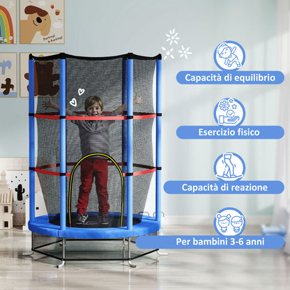 Kids Trampoline 3-6 Years with Safety Net, 6 Columns and Entries, PE, Plastic and Metal Trampoline, Ø140x190 cm, Blue and Black