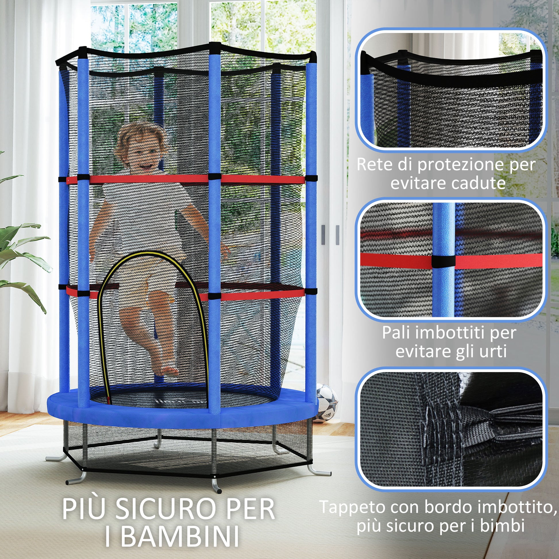 Kids Trampoline 3-6 Years with Safety Net, 6 Columns and Entries, PE, Plastic and Metal Trampoline, Ø140x190 cm, Blue and Black