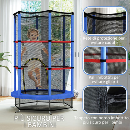 Kids Trampoline 3-6 Years with Safety Net, 6 Columns and Entries, PE, Plastic and Metal Trampoline, Ø140x190 cm, Blue and Black