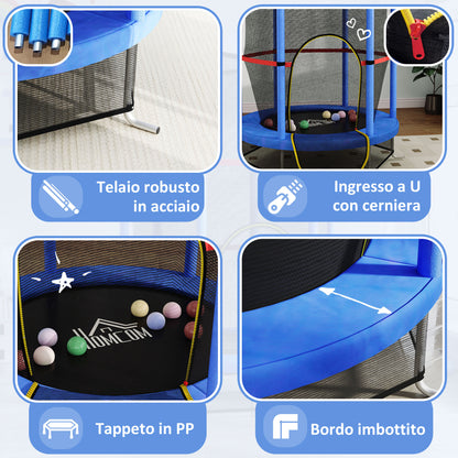 Kids Trampoline 3-6 Years with Safety Net, 6 Columns and Entries, PE, Plastic and Metal Trampoline, Ø140x190 cm, Blue and Black