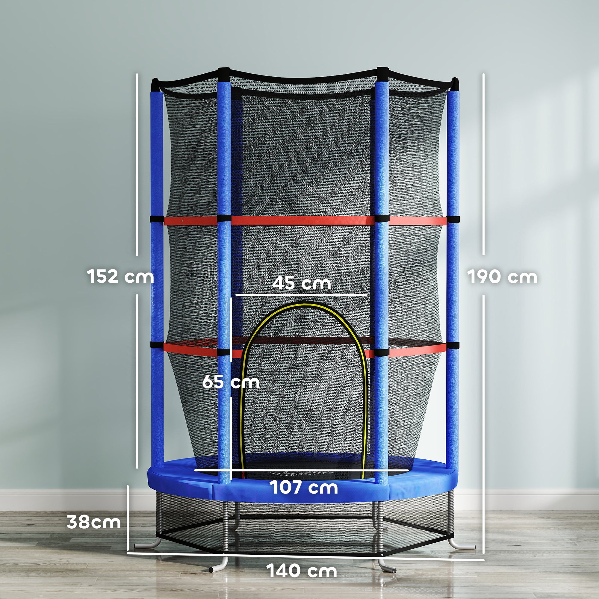 Kids Trampoline 3-6 Years with Safety Net, 6 Columns and Entries, PE, Plastic and Metal Trampoline, Ø140x190 cm, Blue and Black