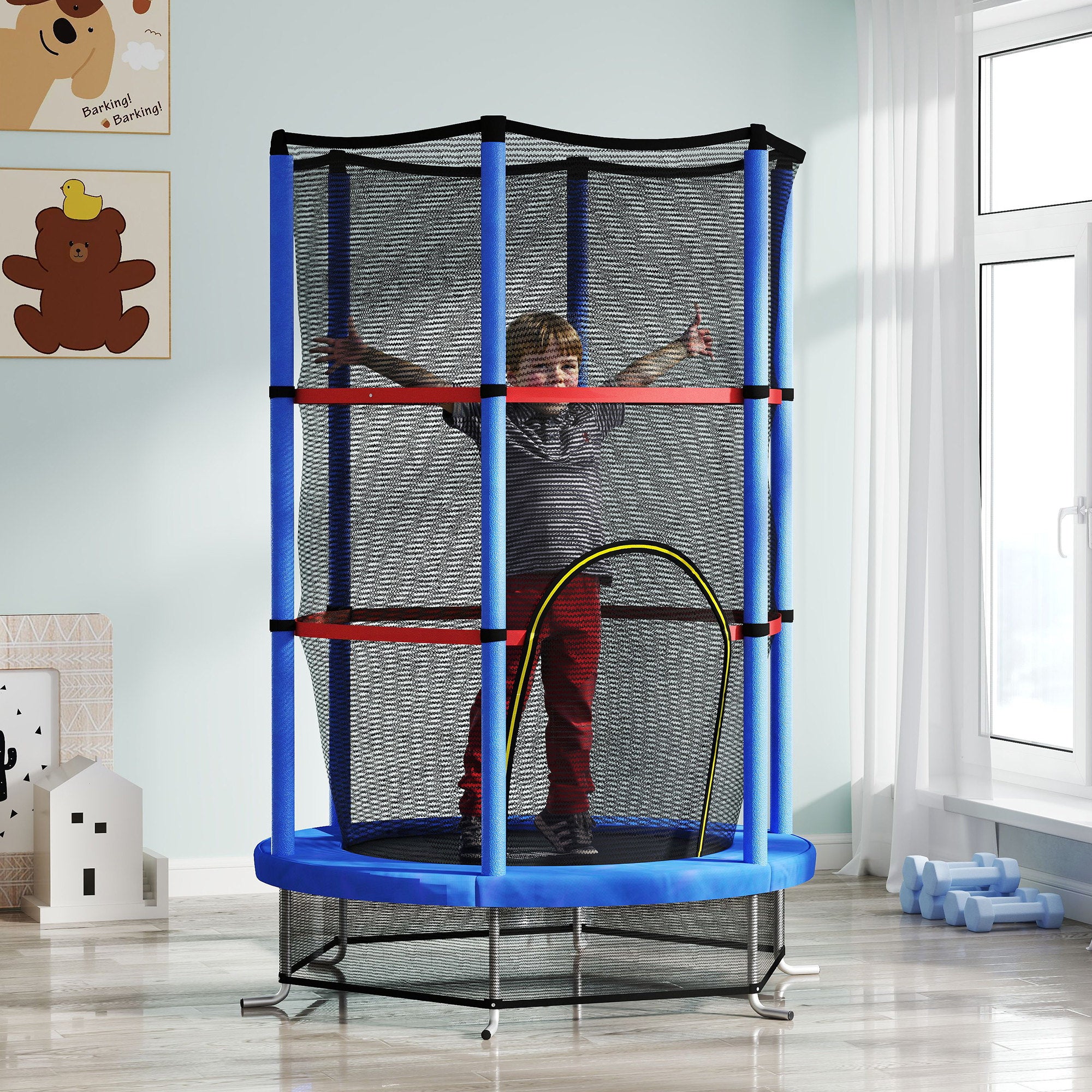Kids Trampoline 3-6 Years with Safety Net, 6 Columns and Entries, PE, Plastic and Metal Trampoline, Ø140x190 cm, Blue and Black