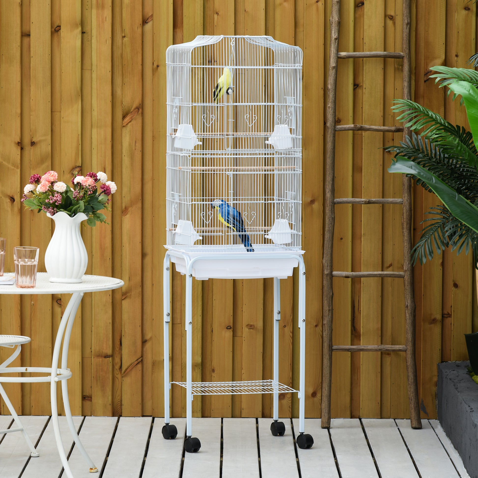 Bird Cage with Wheels 46.5x36x157 cm Metal Bird Cage with 4 Feeders, 3 Perches, Removable Tray, and Storage Shelf for Canaries Parakeets White