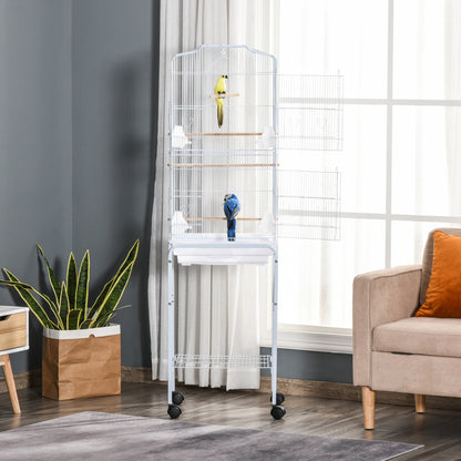 Bird Cage with Wheels 46.5x36x157 cm Metal Bird Cage with 4 Feeders, 3 Perches, Removable Tray, and Storage Shelf for Canaries Parakeets White