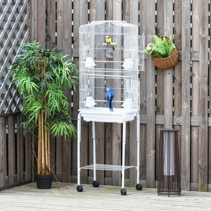 Bird Cage with Wheels 46.5x36x157 cm Metal Bird Cage with 4 Feeders, 3 Perches, Removable Tray, and Storage Shelf for Canaries Parakeets White