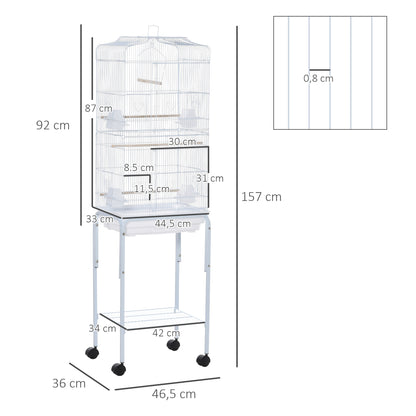Bird Cage with Wheels 46.5x36x157 cm Metal Bird Cage with 4 Feeders, 3 Perches, Removable Tray, and Storage Shelf for Canaries Parakeets White