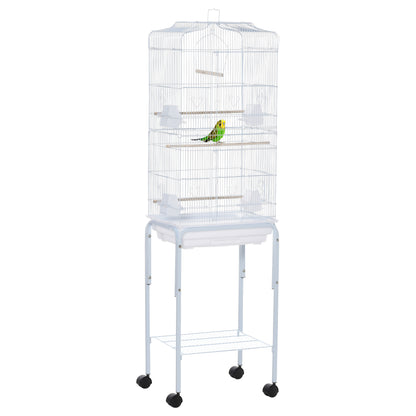 Bird Cage with Wheels 46.5x36x157 cm Metal Bird Cage with 4 Feeders, 3 Perches, Removable Tray, and Storage Shelf for Canaries Parakeets White