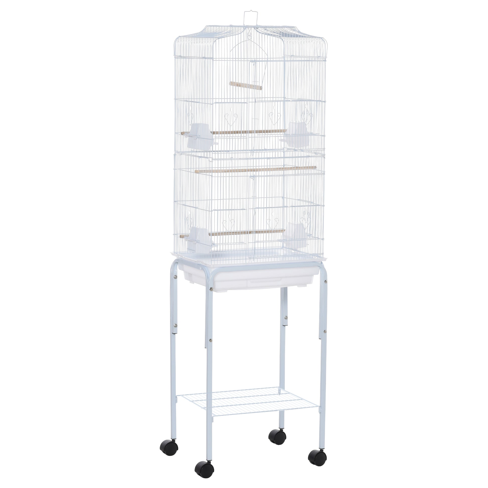 Bird Cage with Wheels 46.5x36x157 cm Metal Bird Cage with 4 Feeders, 3 Perches, Removable Tray, and Storage Shelf for Canaries Parakeets White