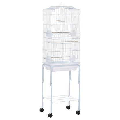 Bird Cage with Wheels 46.5x36x157 cm Metal Bird Cage with 4 Feeders, 3 Perches, Removable Tray, and Storage Shelf for Canaries Parakeets White