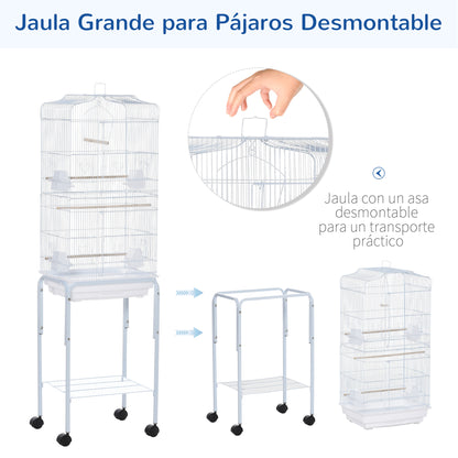 Bird Cage with Wheels 46.5x36x157 cm Metal Bird Cage with 4 Feeders, 3 Perches, Removable Tray, and Storage Shelf for Canaries Parakeets White