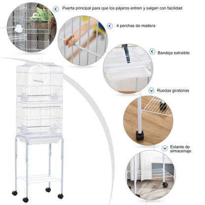 Bird Cage with Wheels 46.5x36x157 cm Metal Bird Cage with 4 Feeders, 3 Perches, Removable Tray, and Storage Shelf for Canaries Parakeets White