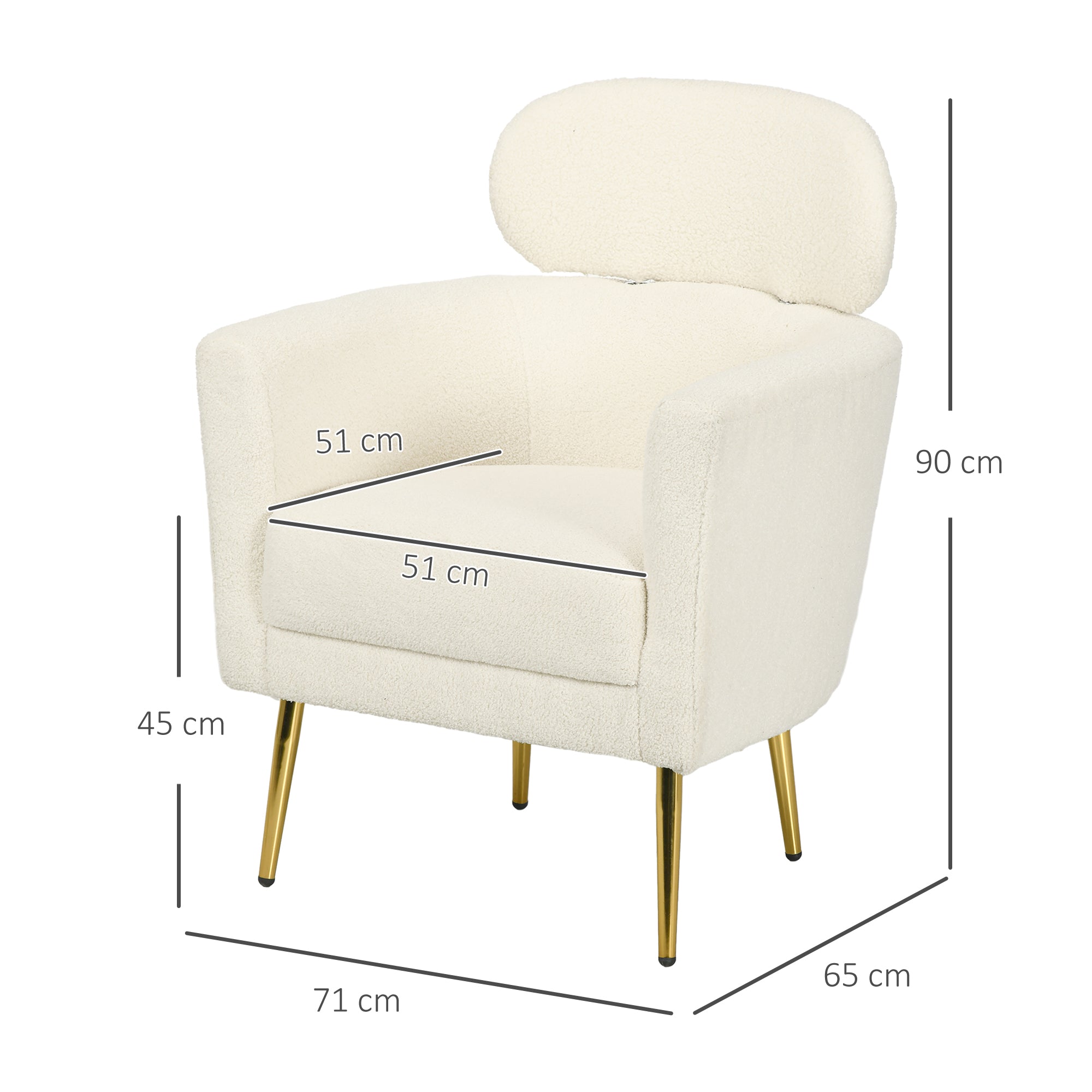 Living Room Armchair Single Seat Leisure Chair Upholstered in Fleece with Headrest and Metal Legs for Bedroom Office Room Load 125 kg Cream
